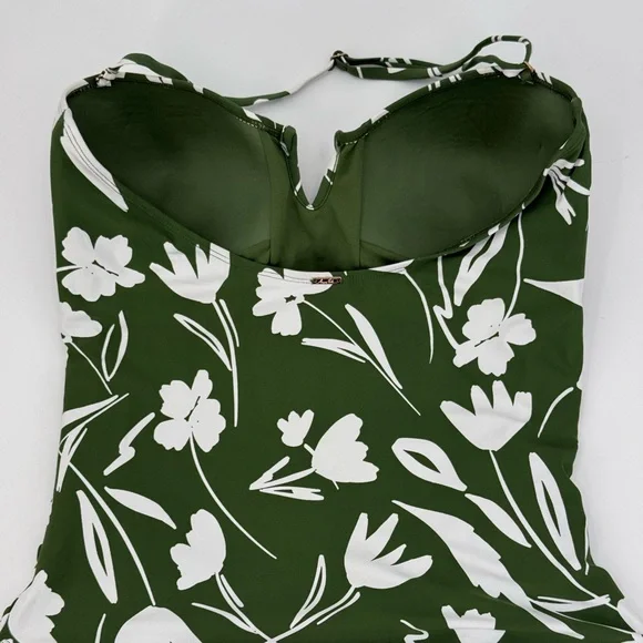 Anne Cole Green Floral Halter One-Piece Swimsuit Ruched Summer Swimwear Size 16 - Picture 11 of 15